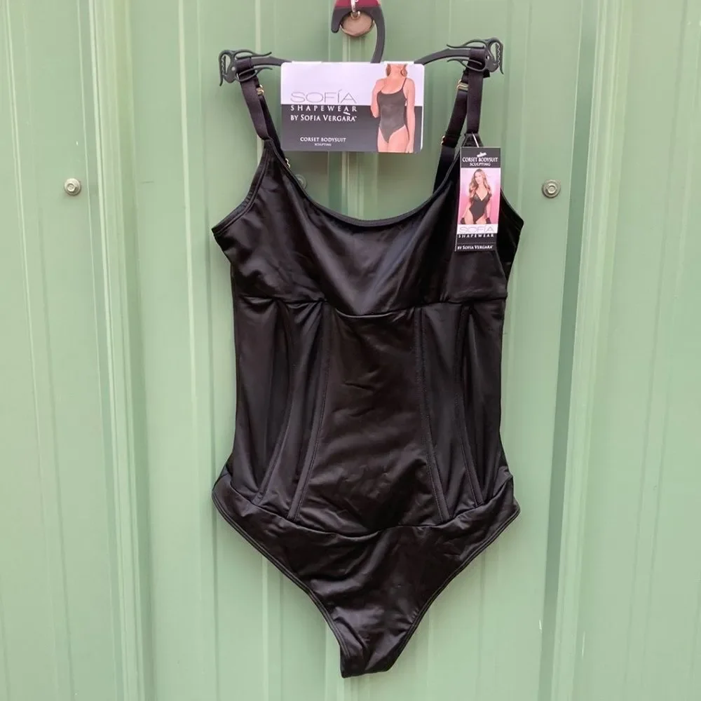 Women's Black Satin Sculpting Shapewear Corset Bodysuit Size S